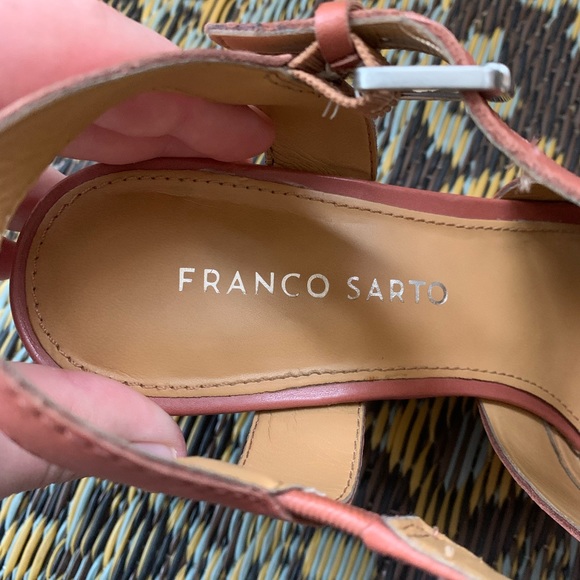 Franco Sarto brown leather cross strap wicker wood wedge slip on buckle heels - Picture 8 of 10